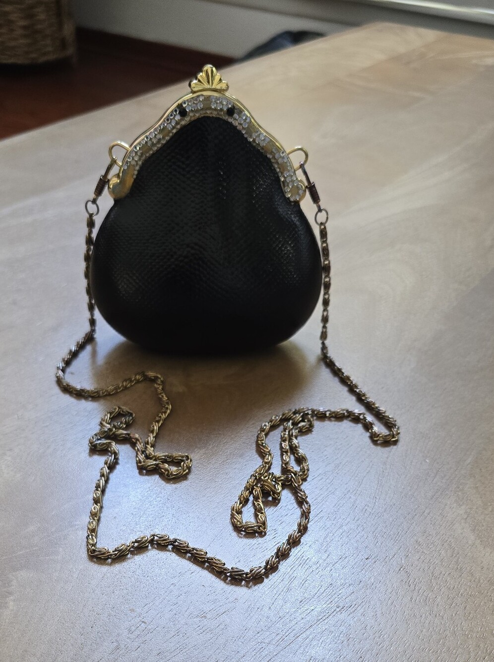Vintage Hard Shell Micro Purse Lizard Print Rhinestone Clasp Crossbody Bag